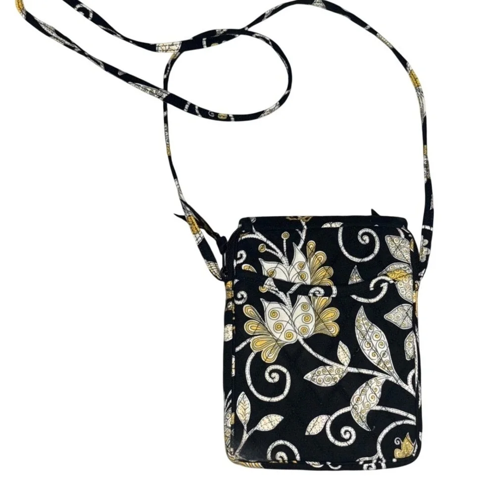 Vera Bradley Quilted Mini Crossbody Bag‎ Black with Yellow Bird Pattern- EUC